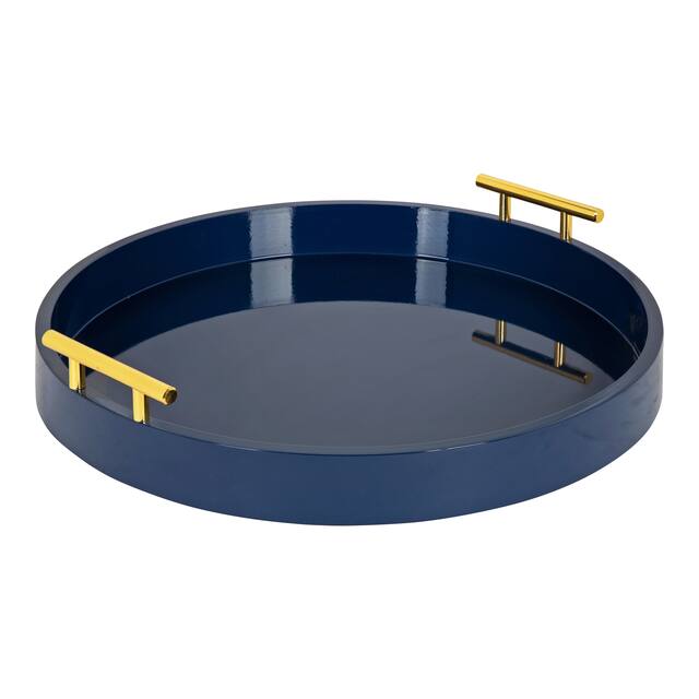 Kate and Laurel Lipton Round Decorative Tray with Metal Handles - 15.5" Diameter - Navy Blue/Gold