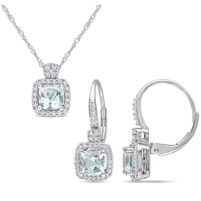 Miadora 1 1/2ct TGW Aquamarine 1/3ct TDW Diamond Halo Earrings Pendant Chain Set 10k White Gold