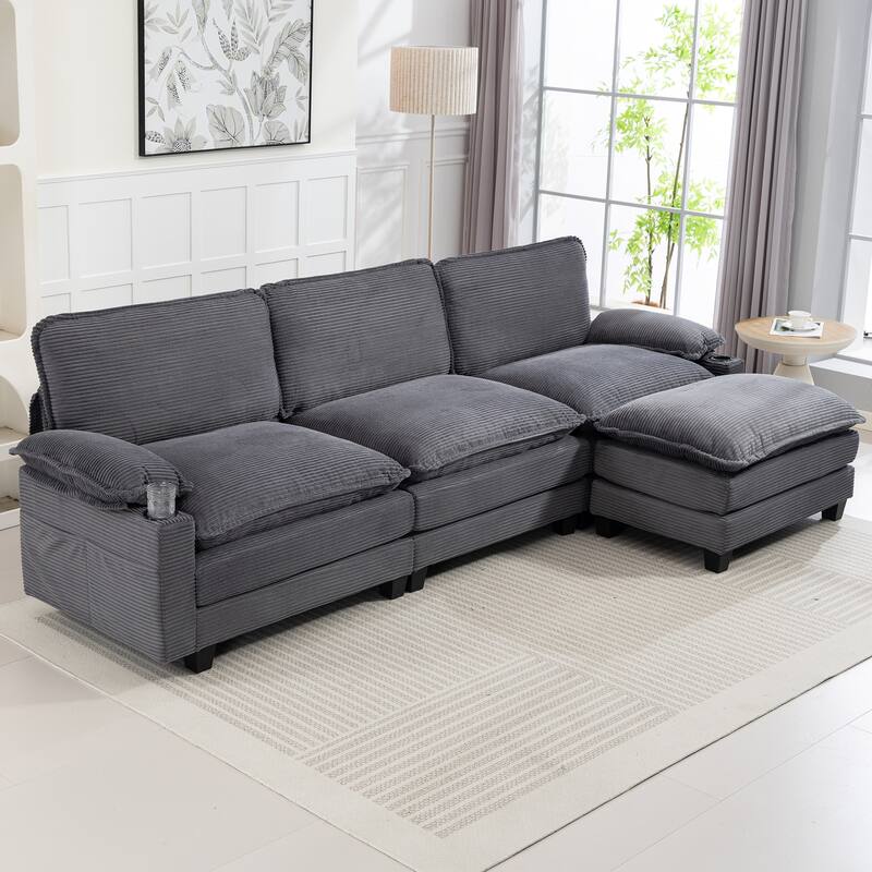 L-Shaped Modular Sectional Sofa with Ottoman, Oversized Corduroy Upholstered Cloud Couch with Cup Holders & Side Pockets