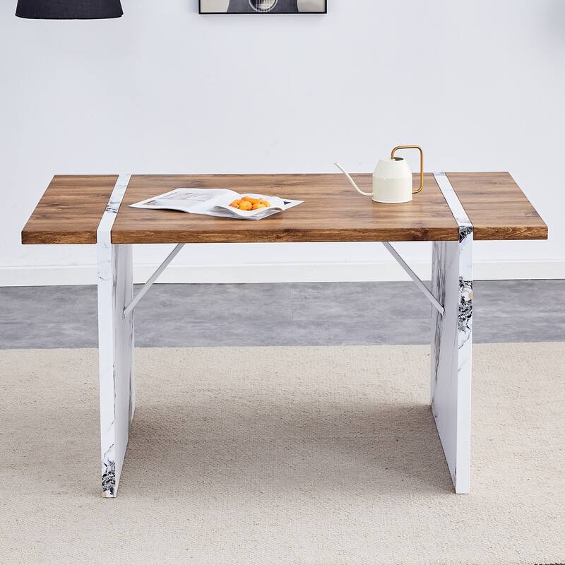 Natural Wood Grain Mdf Dining Table,Wood Textured Desktop,Marble Patterned Table Legs
