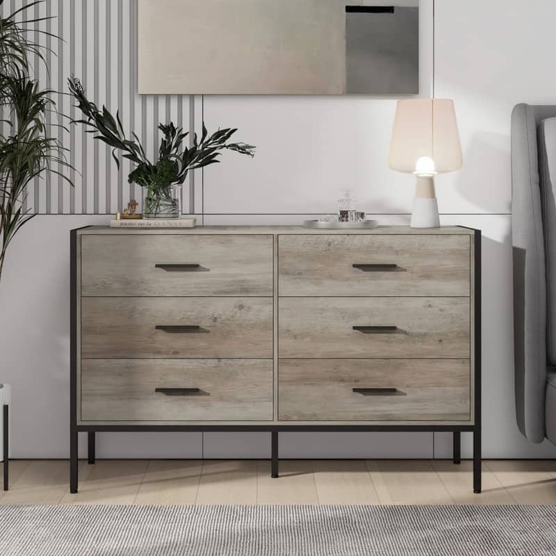 6 Drawers Dresser, Double Dressers with Chest of Drawers, Modern Wood Closet Storage Organizer with Black Knobs and Metal Legs