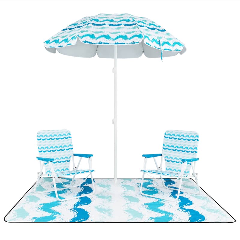 Costway 4 PCS Beach Umbrella Set with 2 Foldable Chairs & Picnic - See Details - Blue