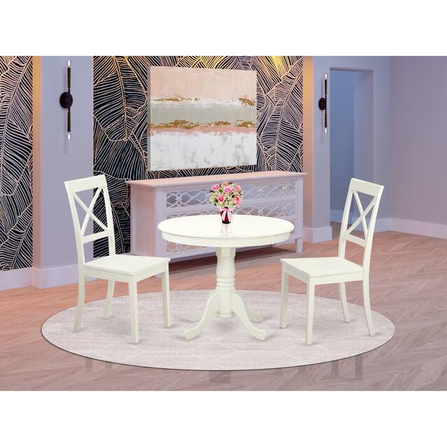 Dining Set Included Pedestal Dining Table and Wooden Chairs - Linen White Finish (Number of Chair Option) - ANBO3-LWH-W