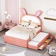preview thumbnail 1 of 12, Kids Full Upholstered Bed with Trundle & 3 Drawers, Wooden Platform Frame with Embedded LED Lights, Rabbit-Shaped Headboard Pink