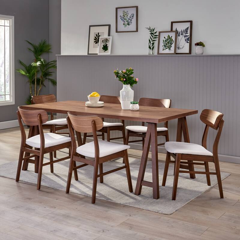 Lucious Mid-Century Modern 7 Piece Dining Set by Christopher Knight Home - Walnut + Light Beige
