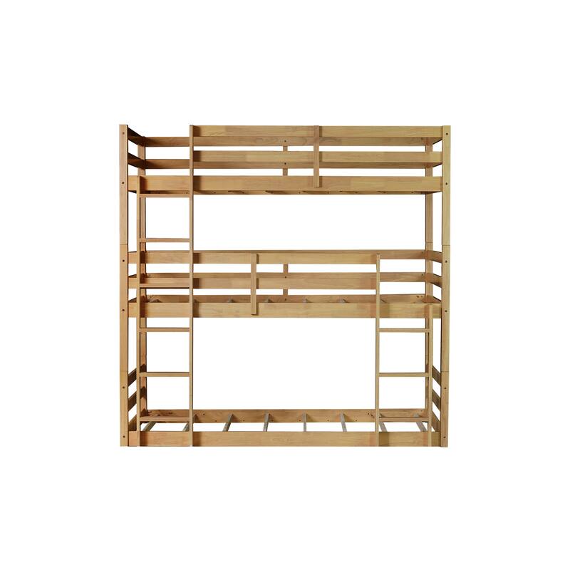 Detachable Triple Twin Bunk Bed with Built-in Ladders and Guardrails, Space-saving Design, White Oak Finish