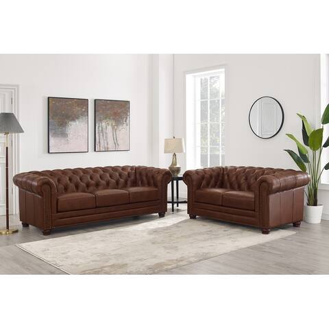 Hydeline Monaco Leather Chesterfield Sofa Set, Sofa and Loveseat with Feather, Memory Foam and Springs