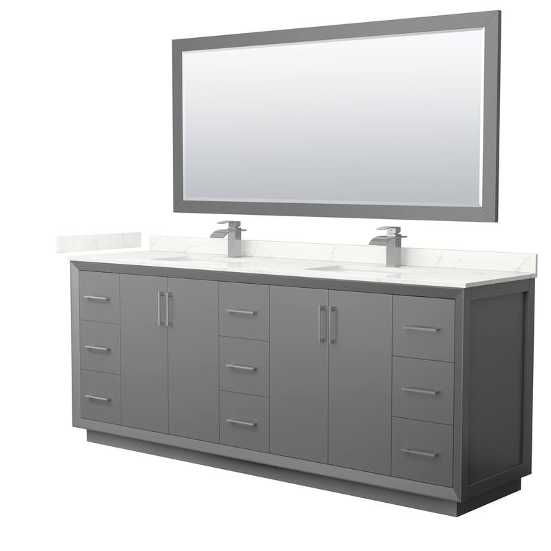 Wyndham Collection WCF414184D-QTZ-UNSM70 Strada 84" Free Standing - Dark Gray / Giotto Quartz Top / Brushed Nickel