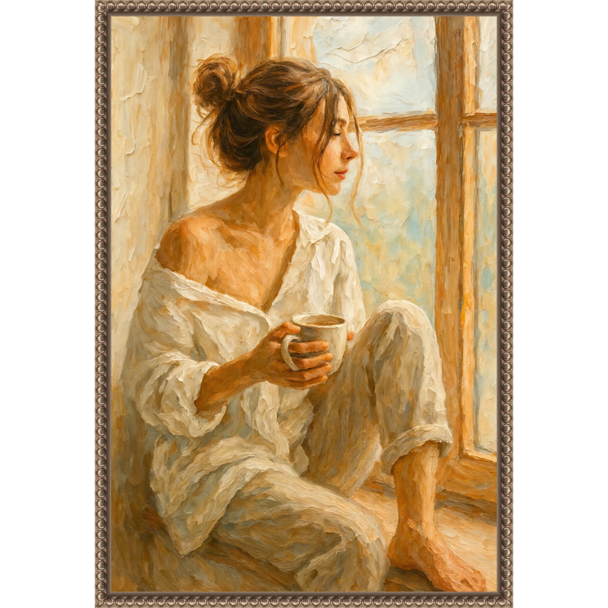 Woman With a Hot Cup of Coffee Cozy By the Window by Natalie Bruns Framed Canvas Wall Art