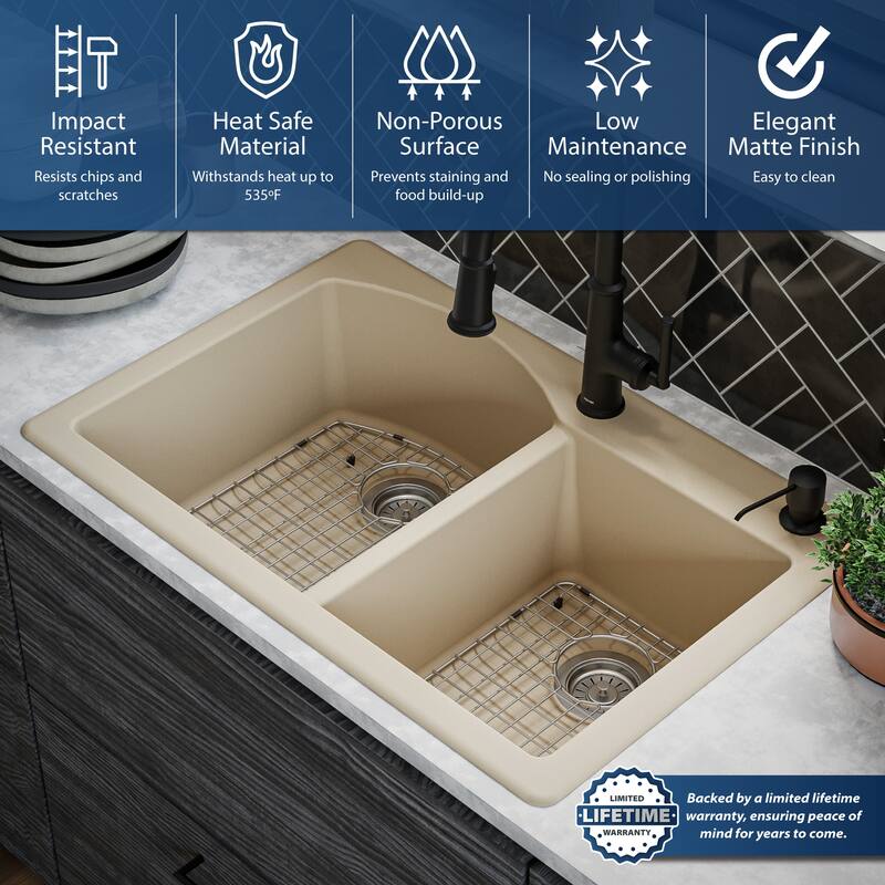 Karran Drop-In Quartz 33 in. 1-Hole 60/40 Double Bowl Kitchen Sink Kit
