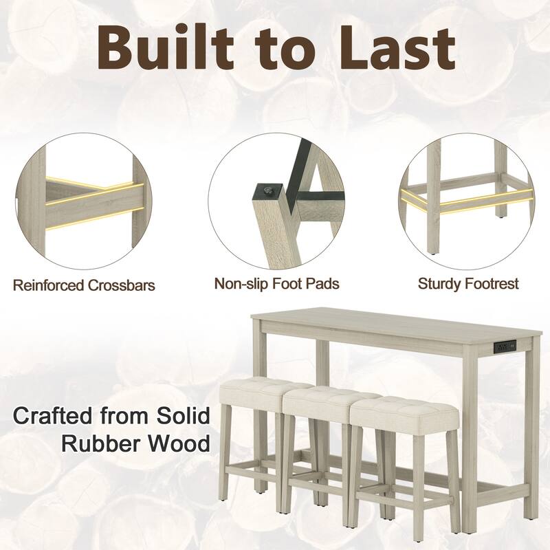 Gymax 4PCS Bar Table Set w/Charging Station 3 Padded Stools for Living