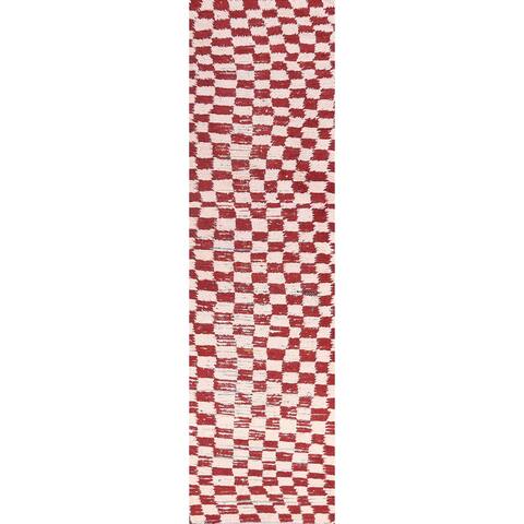 Checked Moroccan Oriental Hallway Runner Rug Hand-knotted Wool Carpet - 2'6" x 11'3"