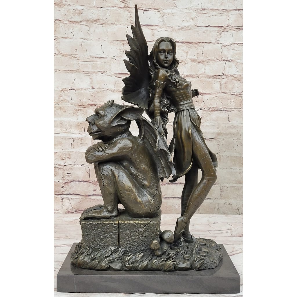 Art Deco Hot Cast Midnight Fairy With Gargoyle Bronze Sculpture Statue By Aldo Vitaleh