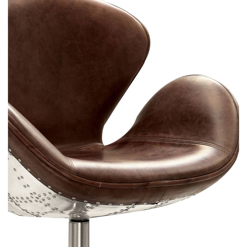 Top Grain Leather Accent Chair with Swivel, Brown & Silver