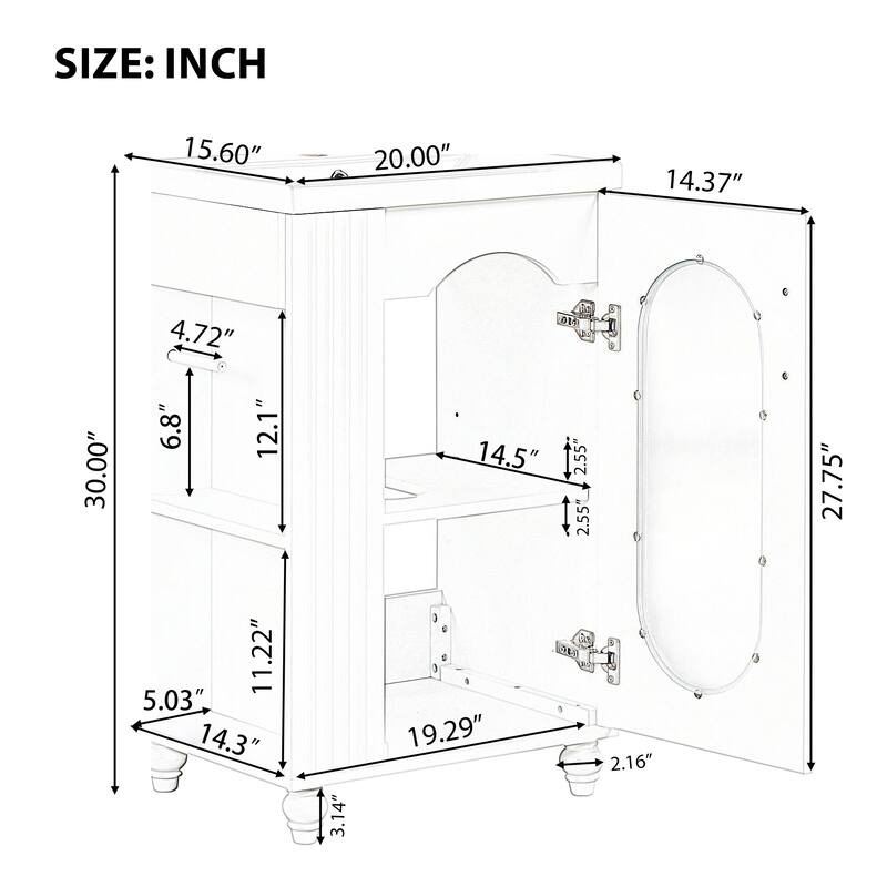Roomfitters 20" Bathroom Vanity with Sink, 1 Door Cabinet with Adjustable Shelf, Side Open Shelves & Toilet Paper Holder