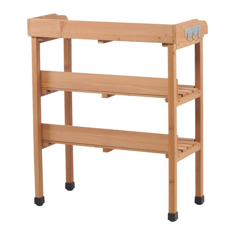 30"x14.5"×35.5" Potting Table w/Metal Tabletop, 3 Layers Outdoor Work Bench w/Hook for Garden, Solid Wood Workstation for Garage