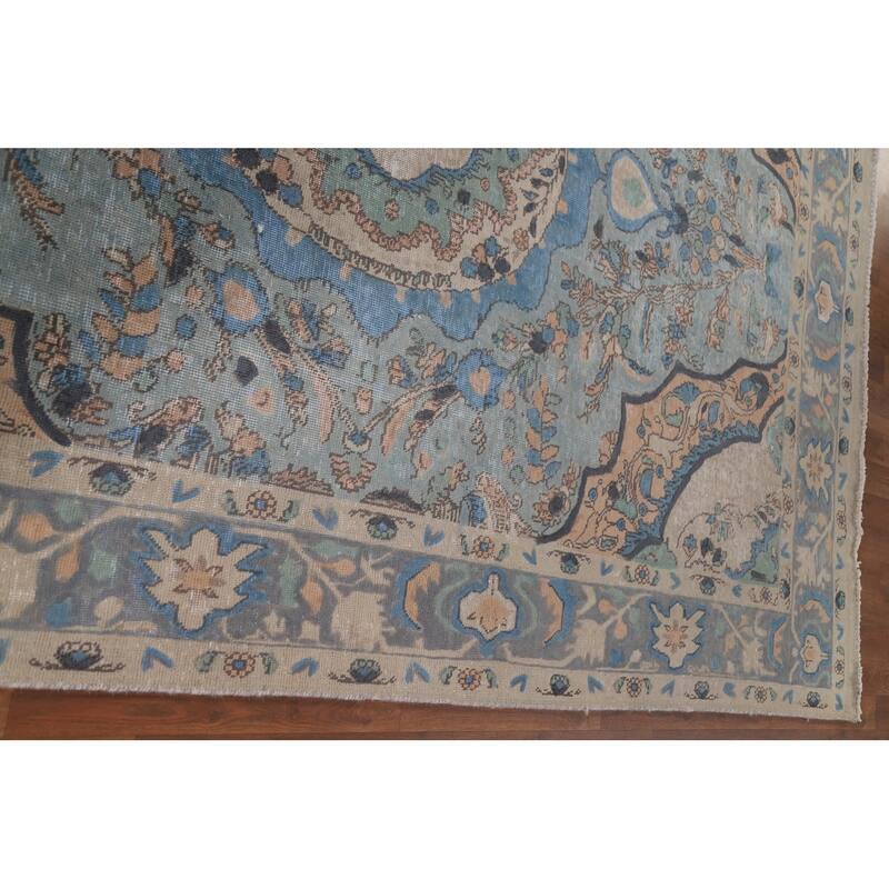 Hand Knotted Oriental 100% Wool Carpet Traditional Floral Navy Blue & Blues Tabriz Area Rug - 9' 4'' X 6' 5''
