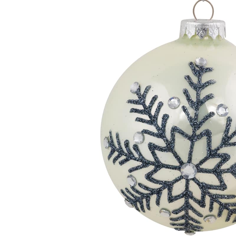 Set of 2 Shiny Pearl White Glittered Snowflake Glass Christmas Ball Ornaments 4"