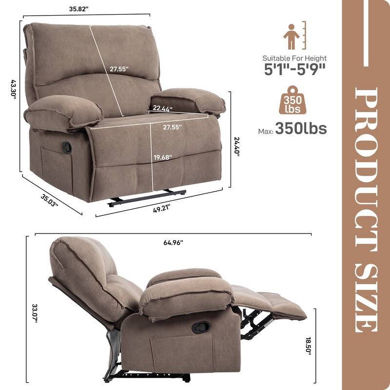 Oversized Manual Recliner Chair, Push-Back Velvet Recliner with Massage and Pillow Top Arms, for Living Room/Office