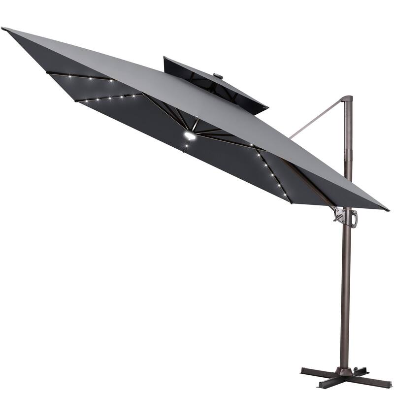 11 FT Square Outdoor Double Top Solar Powered LED Patio Cantilever Umbrella - Dark Grey