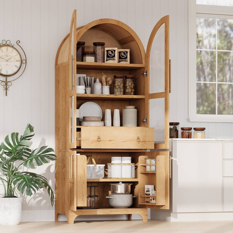 71" Tall Arched Kitchen Pantry Cabinet with Adjustable Shelves and Hidden Drawer for Stylish Storage Solutions