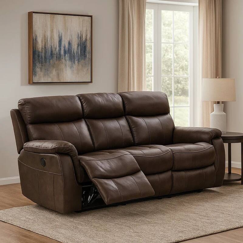 Runy Power Recliner Sofa, Pillowy Brown Top Grain Leather, 86 Inch