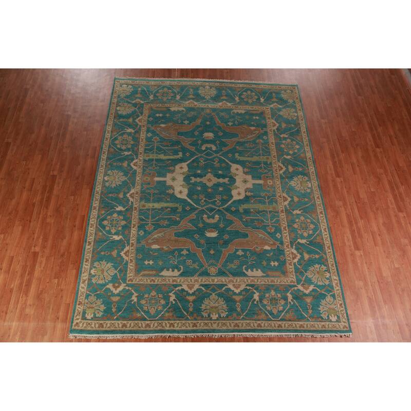 All-Over Green Oushak Indian Area Rug Floral Handmade Wool Carpet - 9'1" x 11'9"