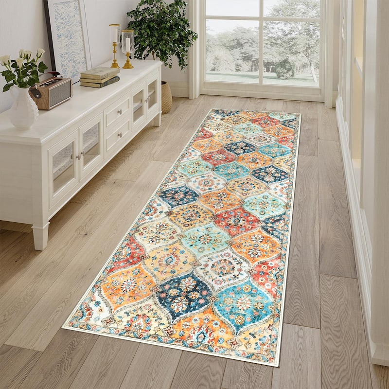 Rugs for Living Room Vintage Oriental Trellis Area Rug Soft Non Slip Low Pile Accent Rugs for Dining Room Office