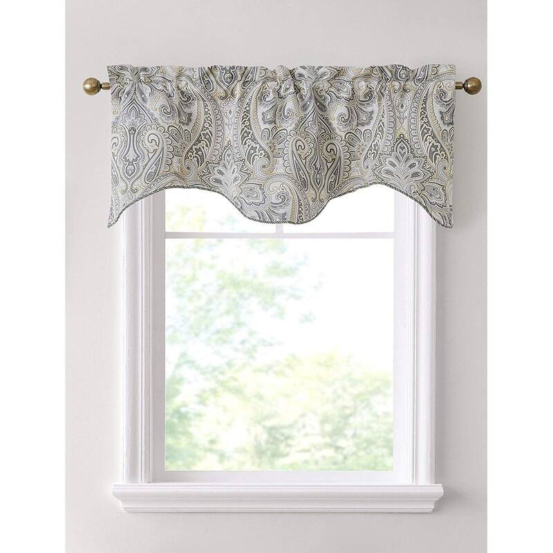 HLC.me Paris Paisley Decorative Rod Pocket Short Scalloped Curtain Valance, Single Valance - Grey/Yellow