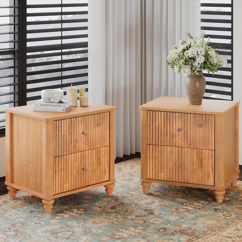 Mid Century Modern 3-Drawer Fluted Nightstand for Living Room and Bedroom Use - 2Piece-Natural