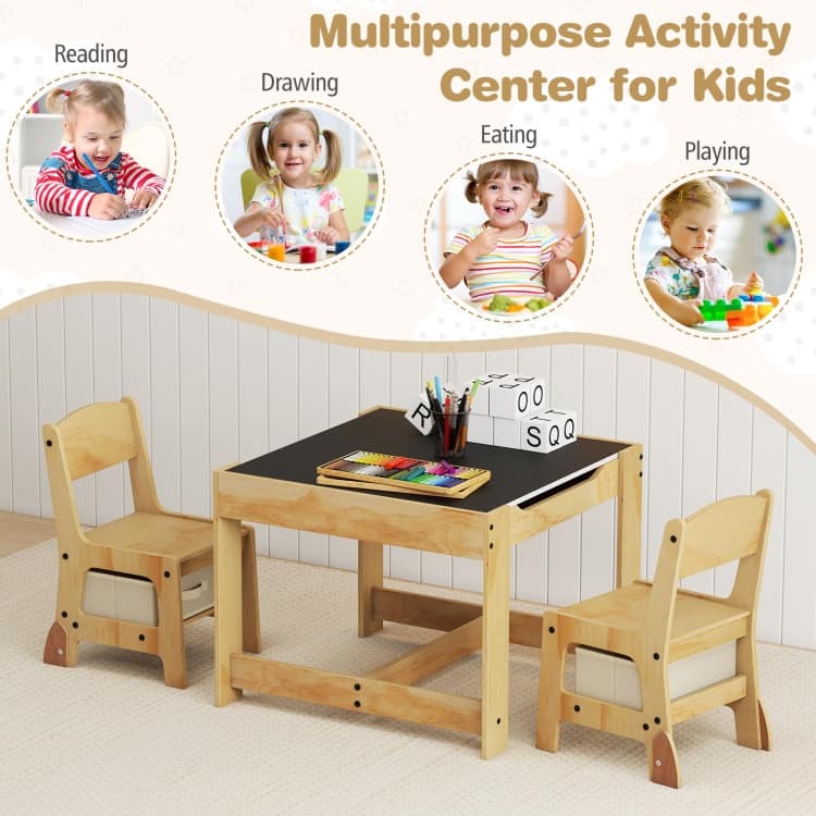 Plywood 3 in 1 Kids Table and Chairs Set with Storage Bins - 24.5" x 24.5" x 19"