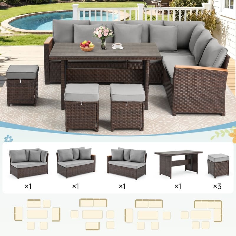 7-Piece Outdoor Sectional Set w/ Dining Table – All-Weather PE Rattan Patio Furniture for Garden, Poolside & Backyard