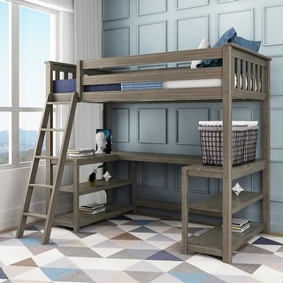 Max and Lily Twin Size High Loft Bed with Wraparound Desk and Shelves