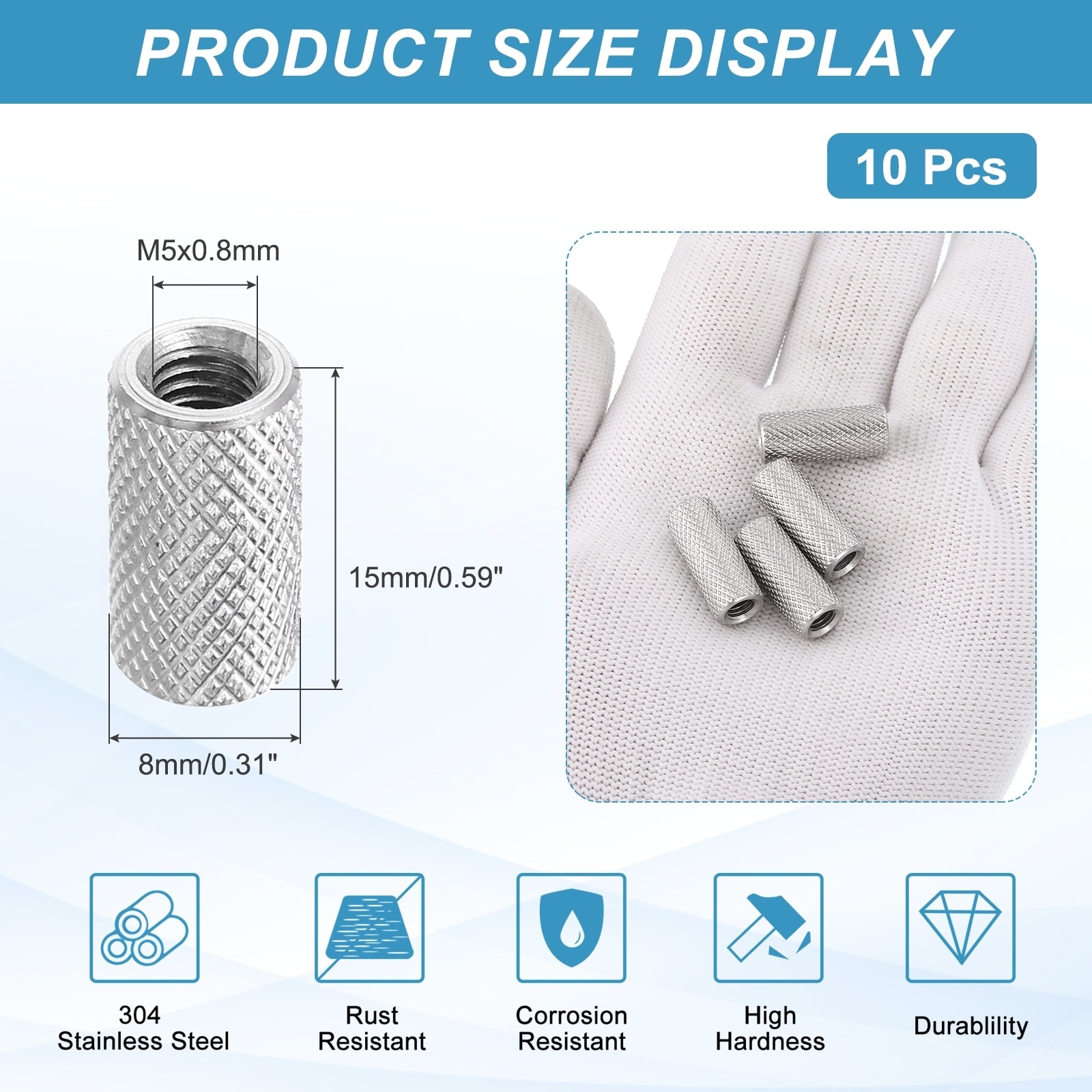 M3 6 Pack 304 Stainless Steel Round Knurled Connector Nuts,0.24"OD x 0.24"H