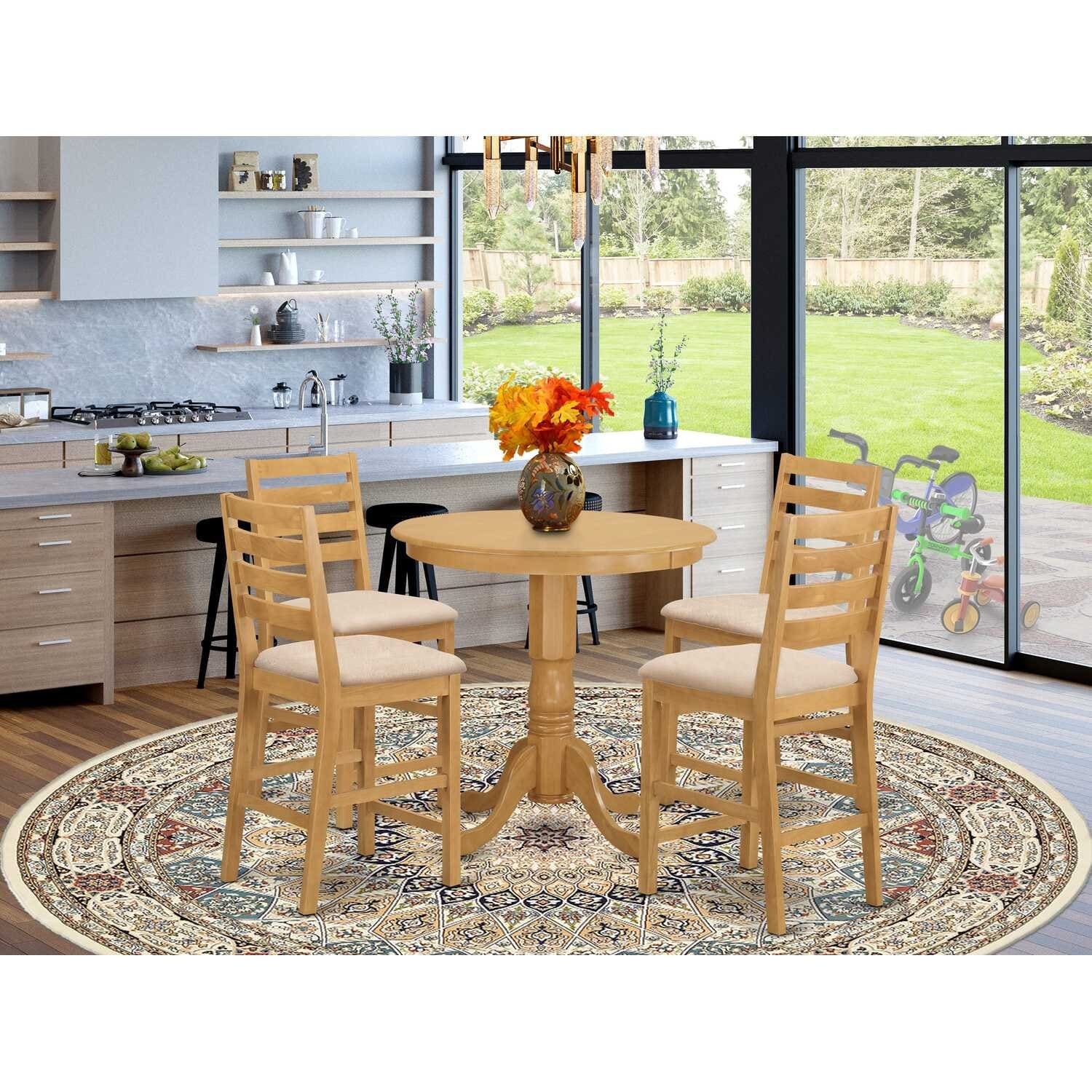 HomeStock 5-Piece Round Natural Oak Finish Solid Wood Top Dining table with 4 Chairs