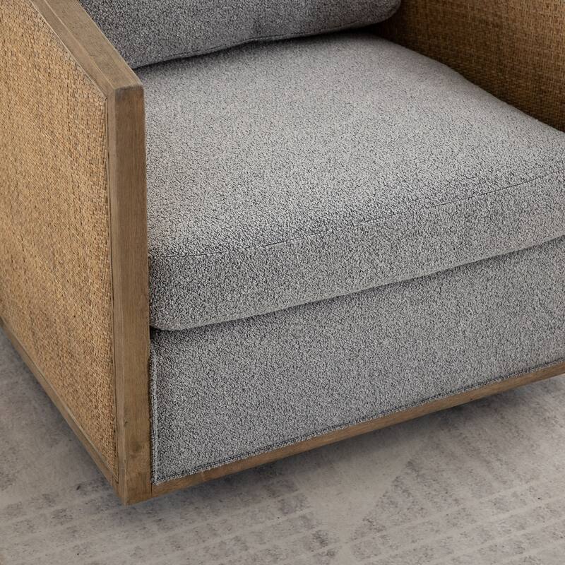 Boucle Upholstered Swivel Barrel Chair, Comfy Round Accent Sofa Chair, High Back Club Chair with Rattan Armrests