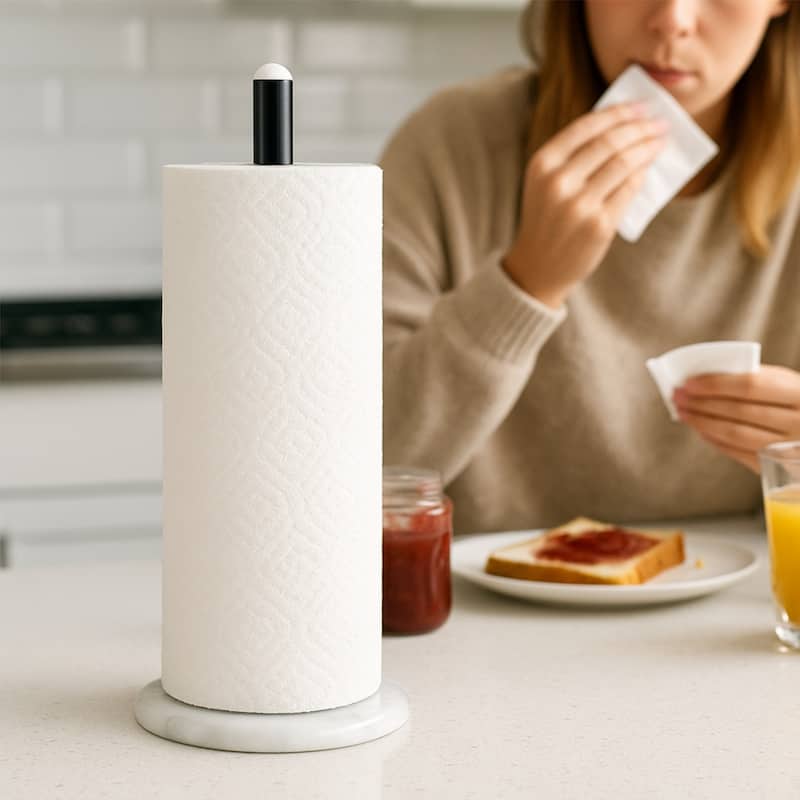 Creative Home White Marble Upright Paper Towel Holder with Black Metal Pole