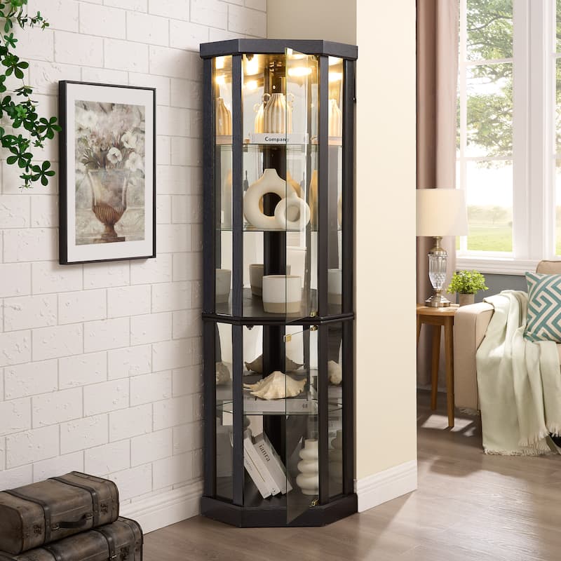 Lighted Corner Curio Cabinet - Elegant Glass Display Case for Living Room & Bar Storage - Includes Built-in Lighting