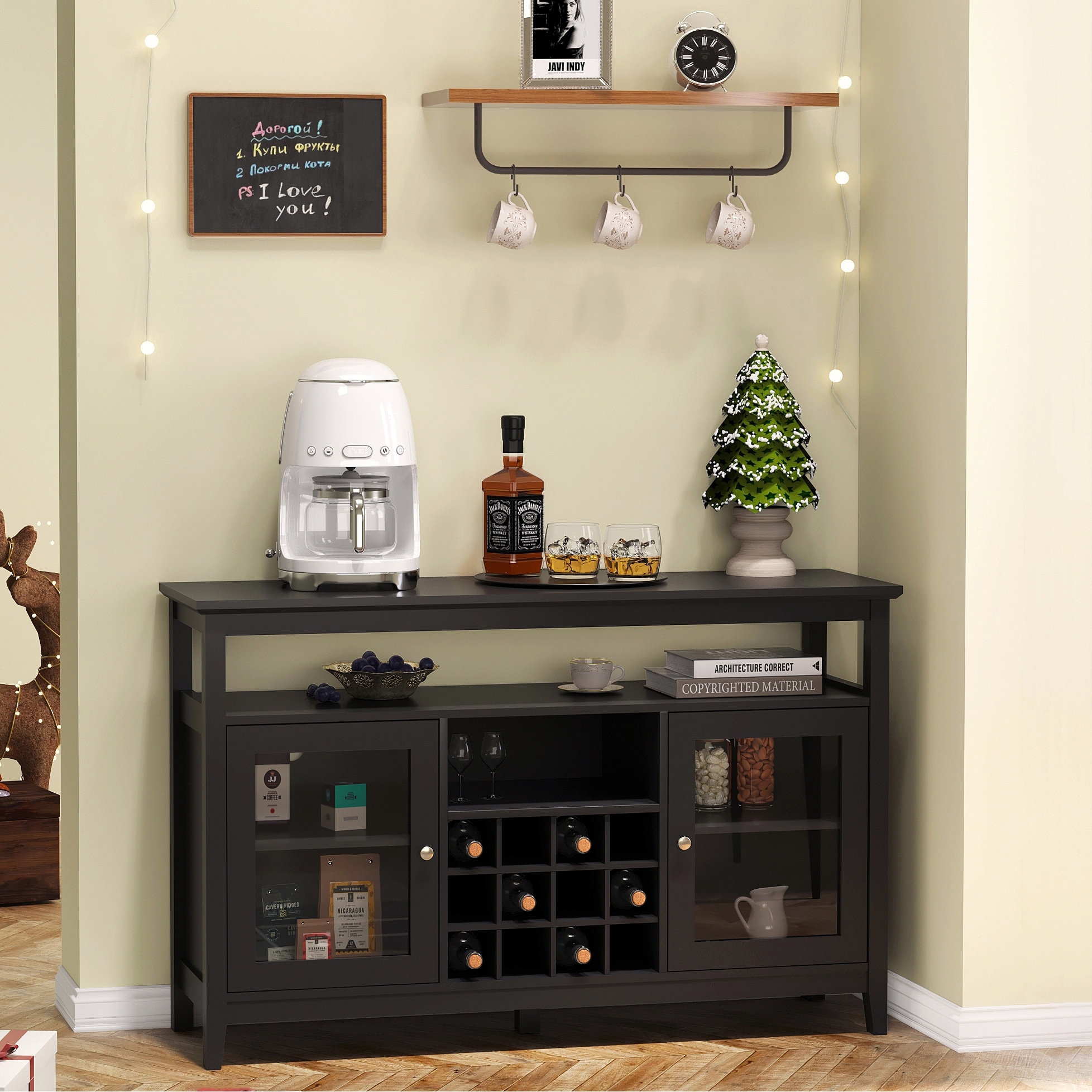 Bar Cabinet TV Cabinet Sideboard with Wine Bottle Storage Rack Black