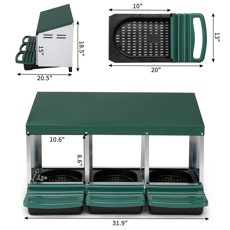 3 Compartment Chicken Egg Nesting Box with Roll Out Plastic Baskets for Hens