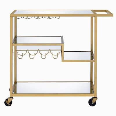 Metal Framed Serving Cart with Wine Bottle Holder and Stemware, Gold and Clear - 37.4 H x 16 W x 40 L Inches