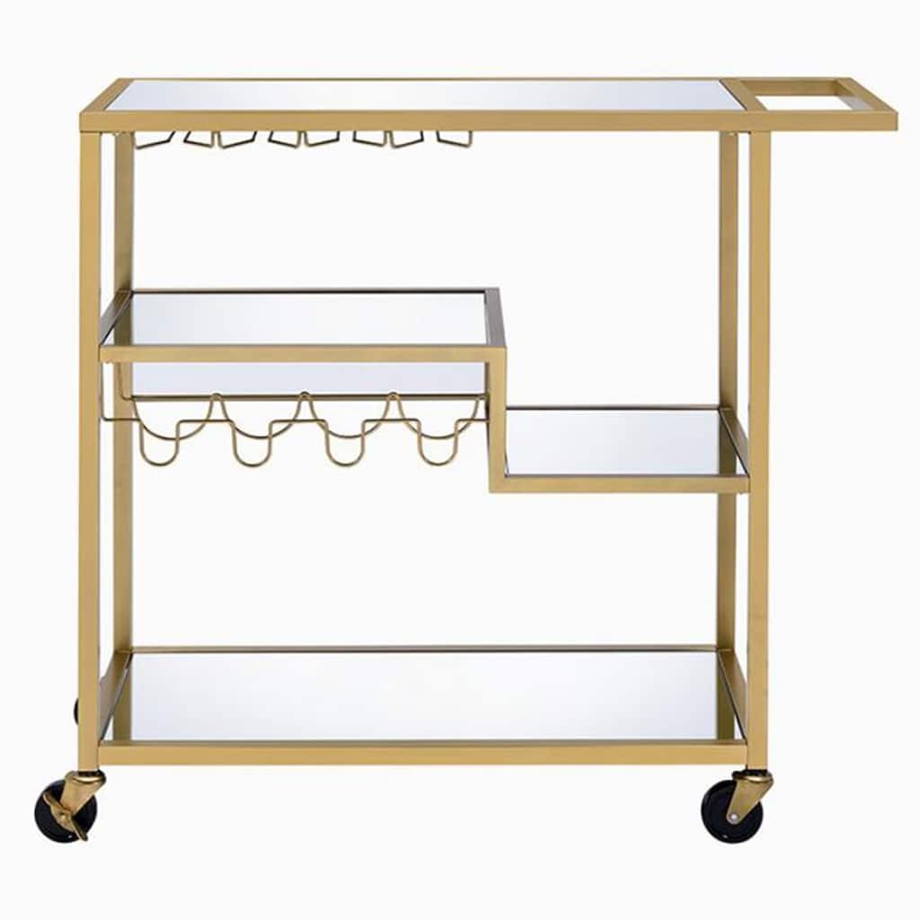 Metal Framed Serving Cart with Wine Bottle Holder and Stemware, Gold and Clear - 37.4 H x 16 W x 40 L Inches