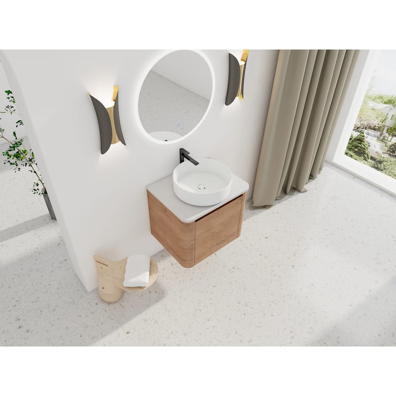 24'' Wall-Mounted Bathroom Vanity With Ceramic Art Sink & 1-Soft-Close Door,KD-Packing, Plywood