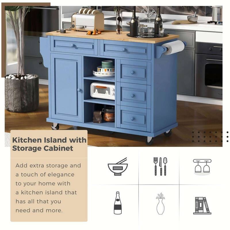 53-Inch Width kitchen Island cart with storage and 5 draws