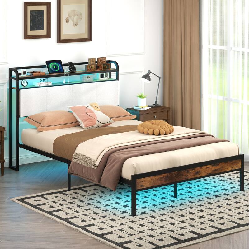 Bed Frame with LED Lights Charging Ports and Storage Headboard