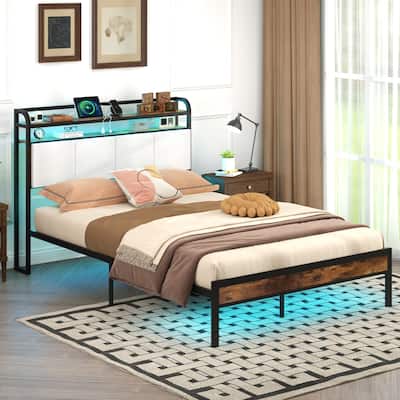 Gymax Full Size Bed Frame w/LED Light & Charging Station Heavy Duty