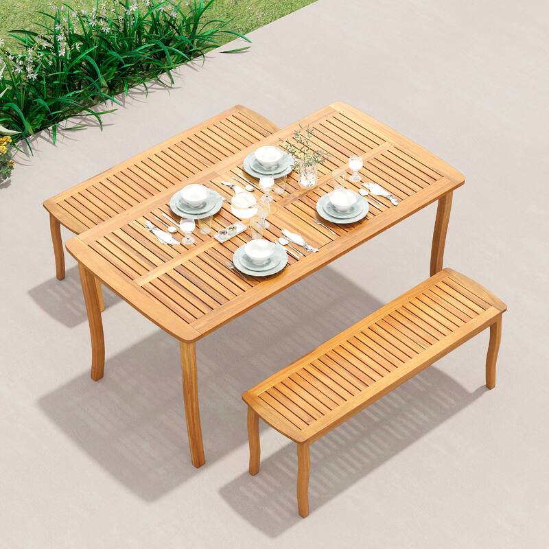 Gymax 63'' Outdoor Dining Table w/ Umbrella Hole Slatted Tabletop for