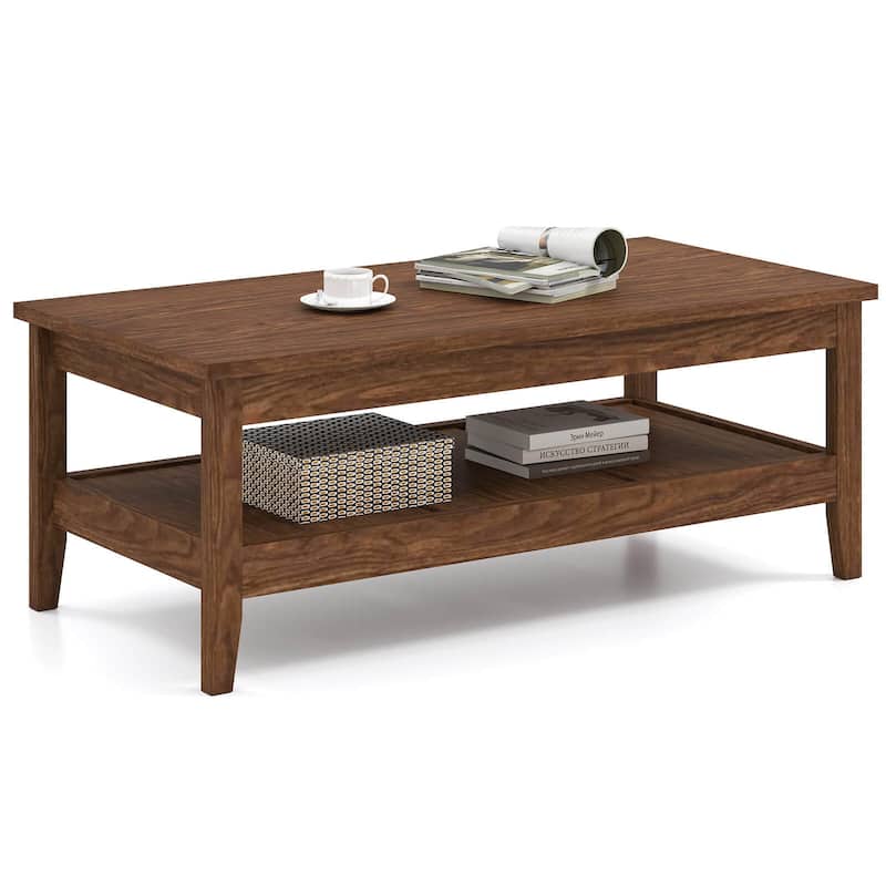 Costway 2-Tier Rectangle Center Table with Slatted Storage Shelf & - See Details - Walnut