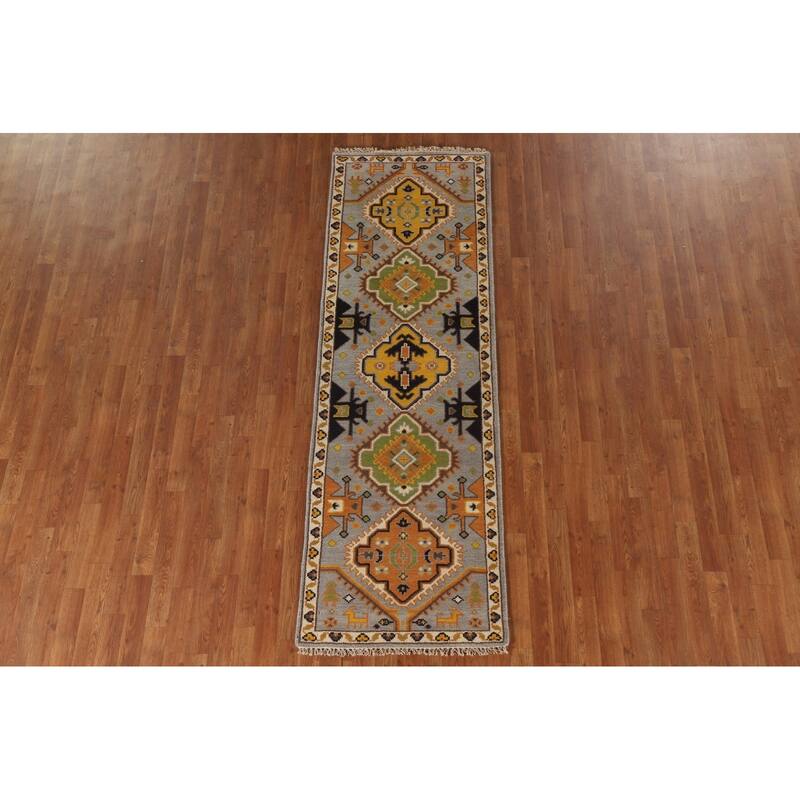 Geometric Kazak Indian Runner Rug Hand-Knotted Wool Carpet - 2'7"x 8'0"