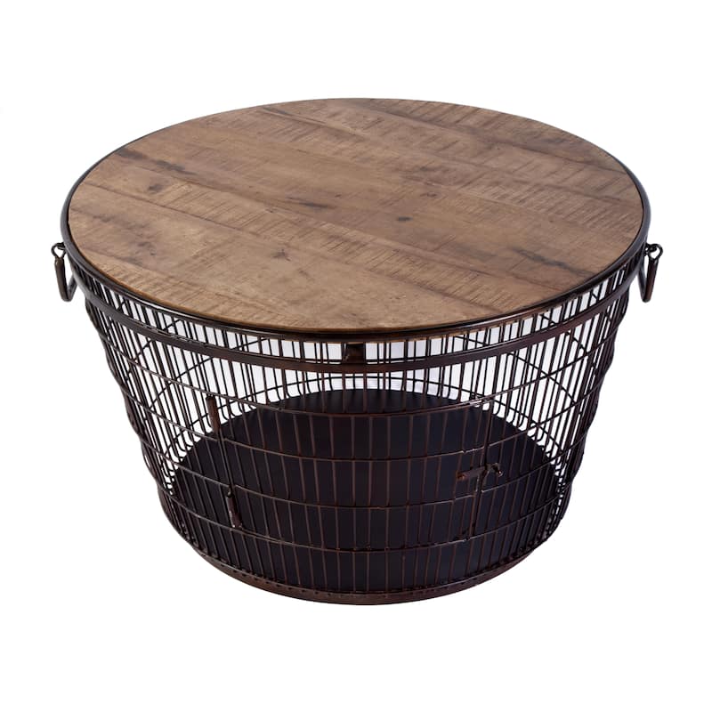 Fulton 28 in. W Round Iron and Wood Coffee Table with Decorative Handles - Brown